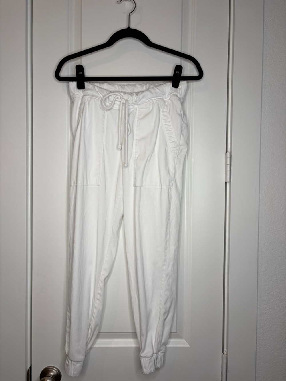 White Drawstring Jogger Pants Paperbag Waist Lounge Casual Pull On